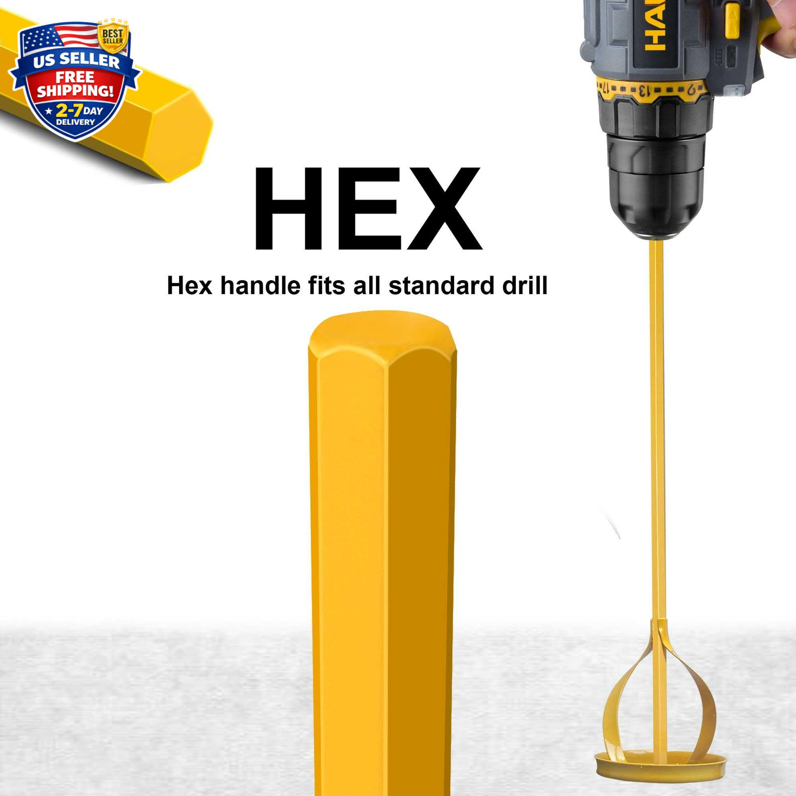 Paint & Mud Mixer Drill Stirrer Tool Hex Head for 1-5 Gallon Buckets Yellow