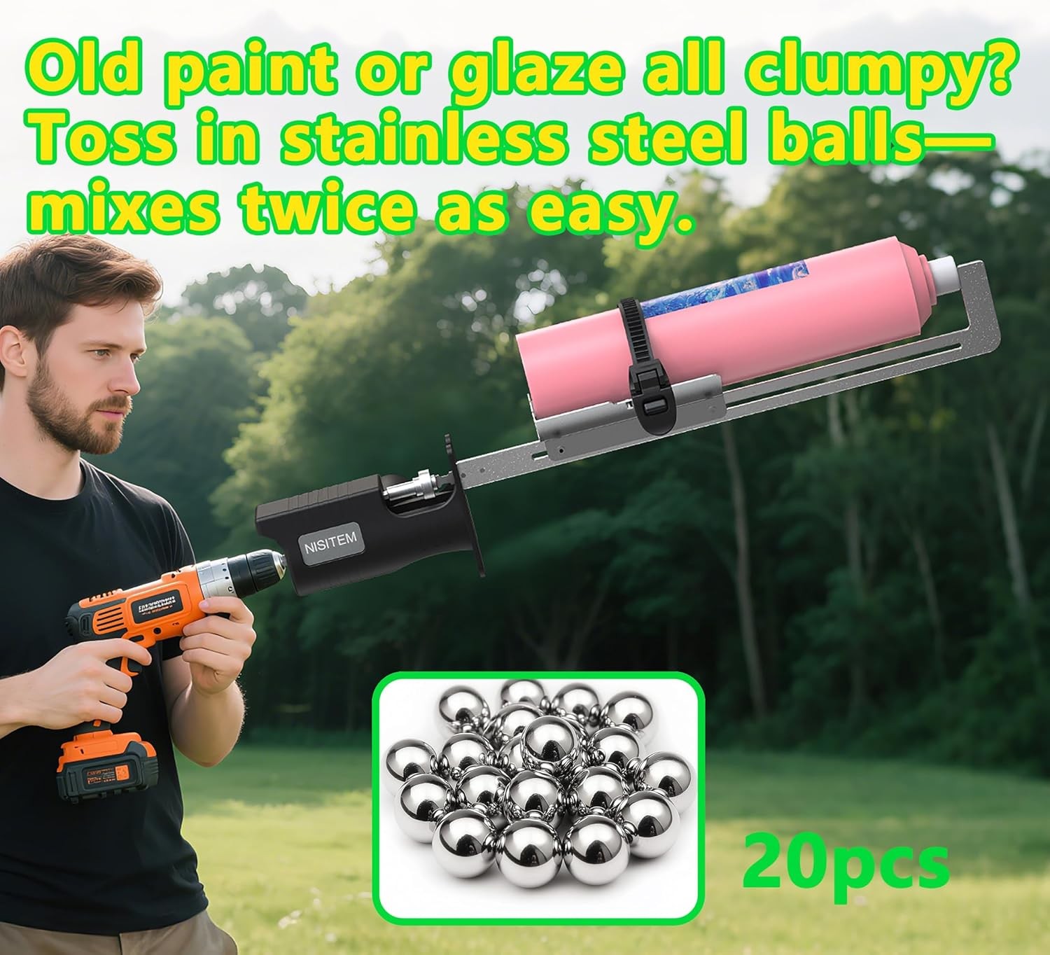 Drill-Powered Paint Shaker Mount with 20 Stainless Steel Balls & Adapter – Mixer