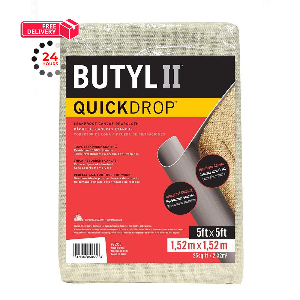 Trimaco Butyl II Two Layer Poly-Back Canvas Drop Cloth, 5 feet x 5 feet, Gray