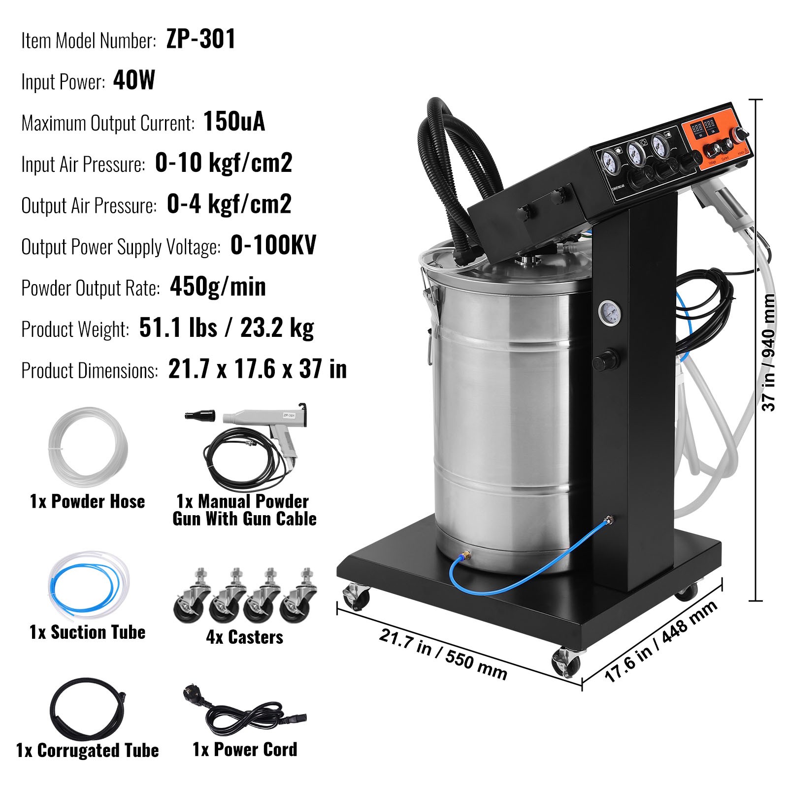 Uimoso 40W Electrostatic Powder Coating System with 100KV Output and 50L Hopper