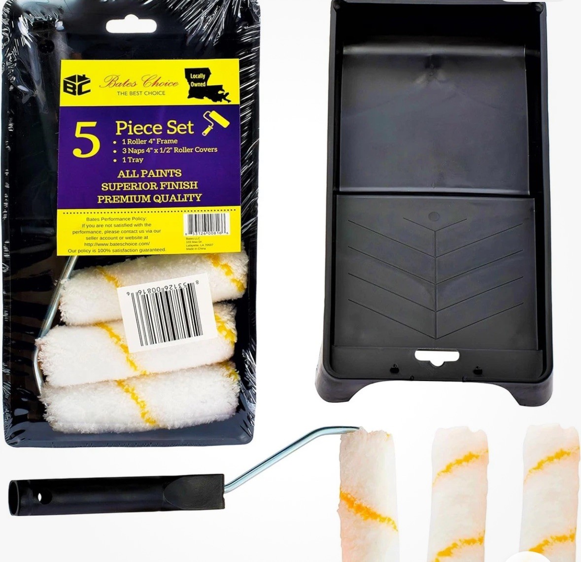 Bates Paint Tool Set – 4″ Roller, Foam & Mini Rollers, Tray 4″, 5 pcs, Black