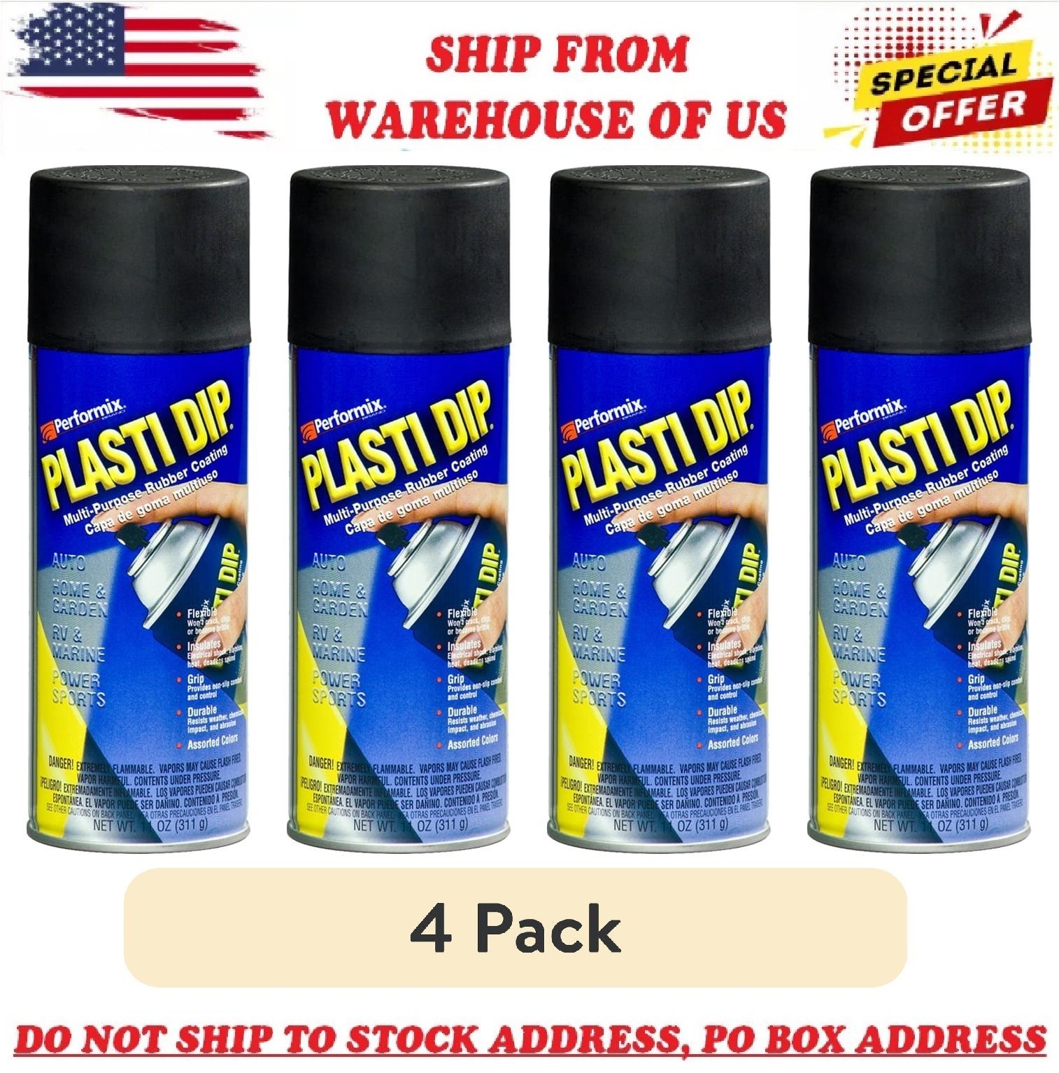 4 Pack Plasti Dip Matte Black Spray 11oz, Rubberized Removable Car Rim Coating