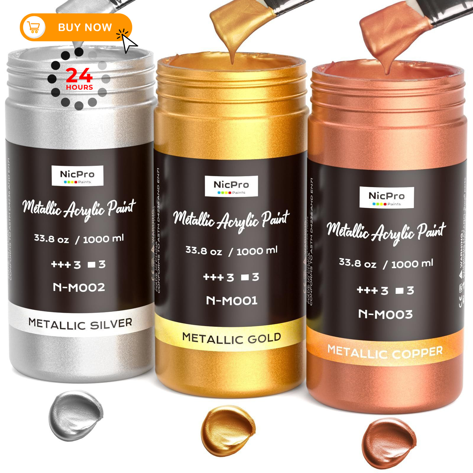 Nicpro Large Acrylic Paint 33.8 Fl Oz (Pack of 3), Gold, Silver, Copper
