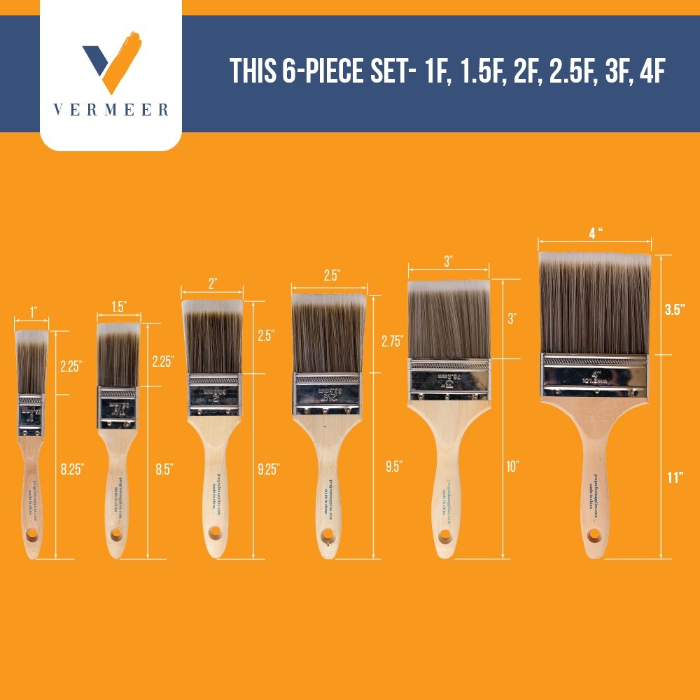 6 Pack Flat Brushes in Assorted Sizes for All Latex and Oil Paints & Stains
