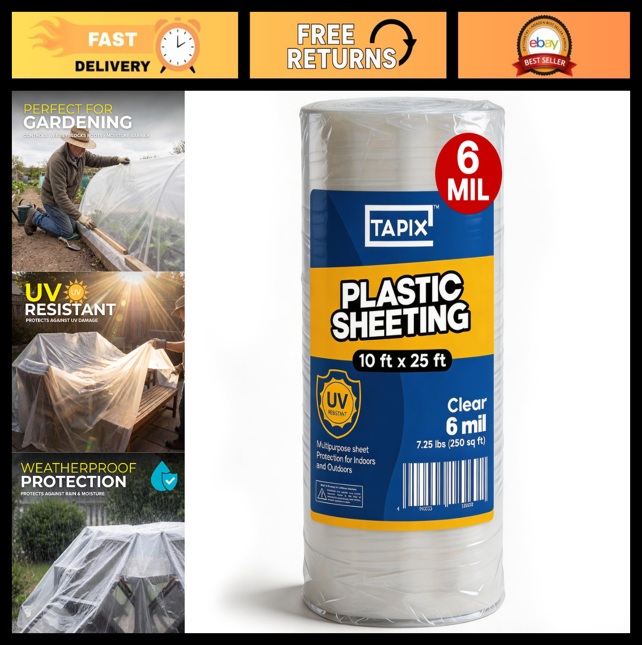 Heavy Duty 6 Mil Plastic Sheeting 10′ x 25′ – UV Resistant Polyethylene Film for