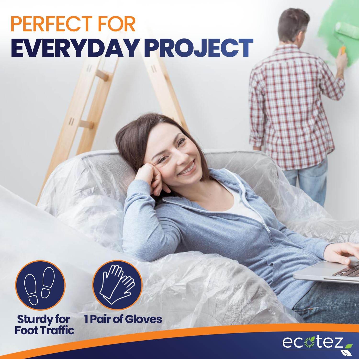 Ecotez 6 Pack 12 X 9 Ft Extra Large Plastic Drop Cloth For Painting – Light